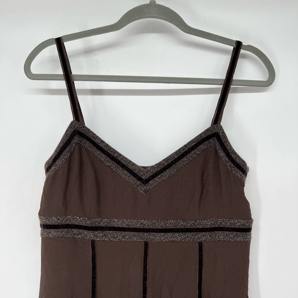 Feraud Pleated Mini Dress Womens Size 10 Brown Silk Strappy Sleeve Sweetheart - Picture 4 of 7